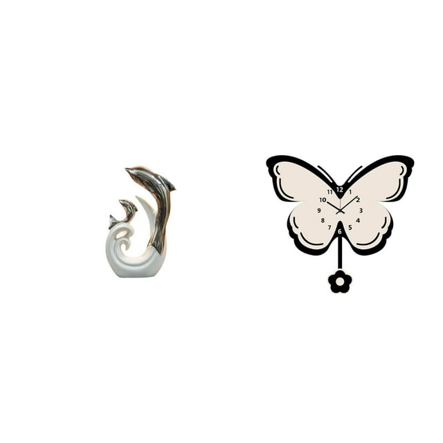 Reloj de pared con estatua de delfín de cerámica, escultura abstracta, arte moderno, decoración acrílica, detalle de mariposa y flor. Ideal para sala