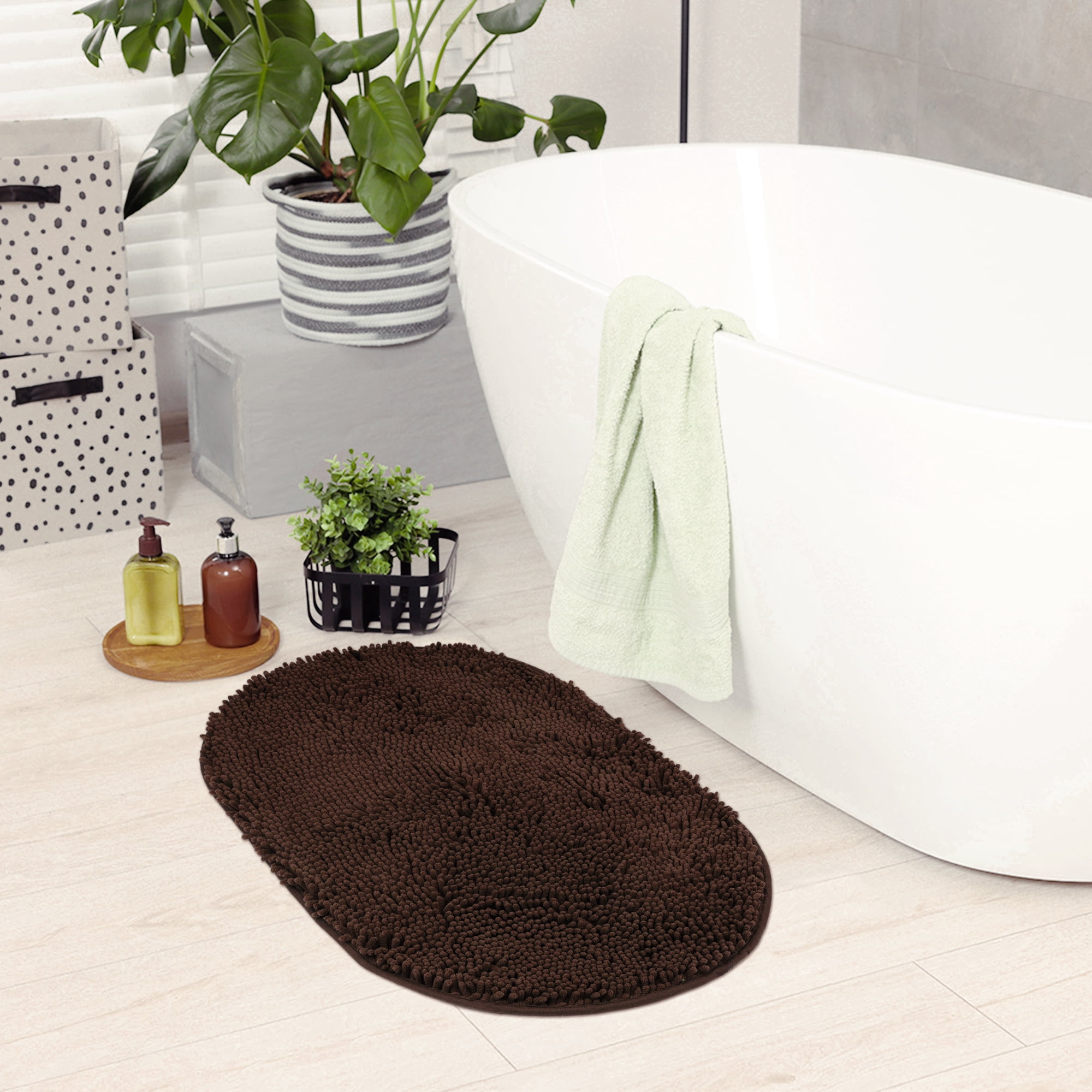 Unique Bargains Oval Plush Bath Mat Soft Non Slip Washable Rug Brown 16" x 24"