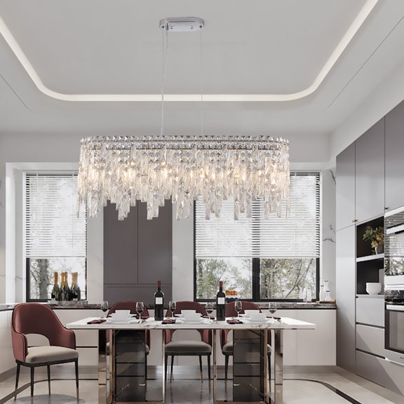 Coowa Oval Crystal Chandelier Modern Elegant 6 Light Ceiling Fixture Adjustable Height for Dining Room Living Room Foyer (Bulbs Not Included)