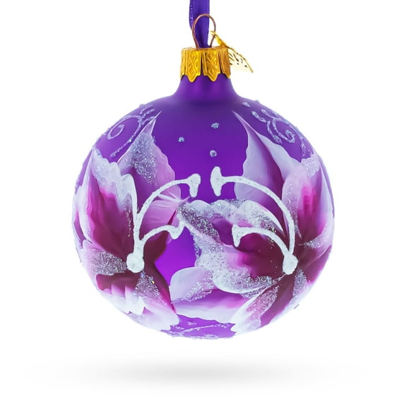Purple Lily Blossoms Glass Ball Christmas Ornament 3.25 Inches