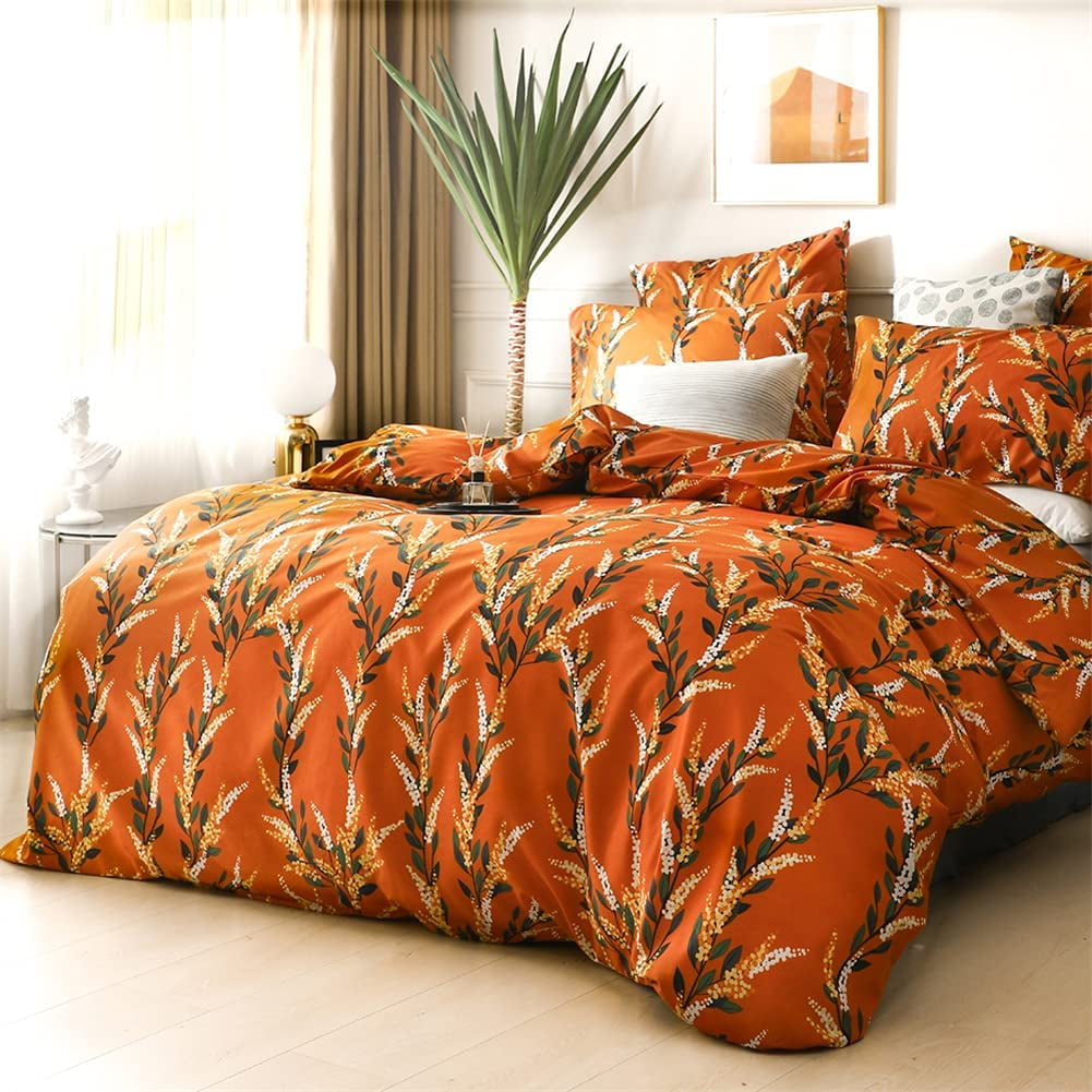 Burnt Orange Floral Duvet Cover Queen Size Green White Rust Botanical Leaves Printed Reversible