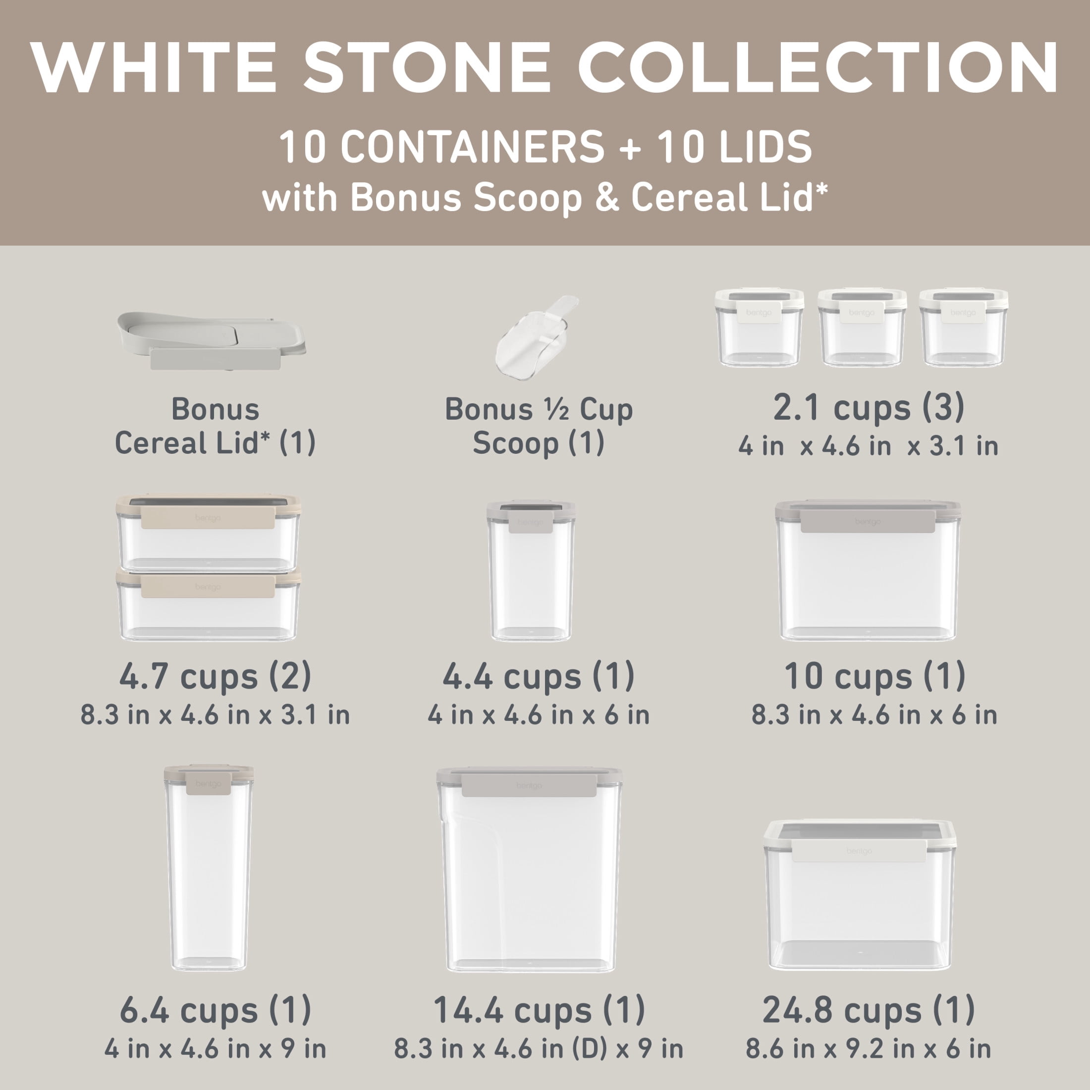 Bentgo Pantry - 22-Piece Airtight Food Storage Containers, Clear and Stackable Kitchen and Pantry Organization Set, Locking Lids for Freshness, Cereal Lid & Scoop, BPA-Free Plastic (White Stone)