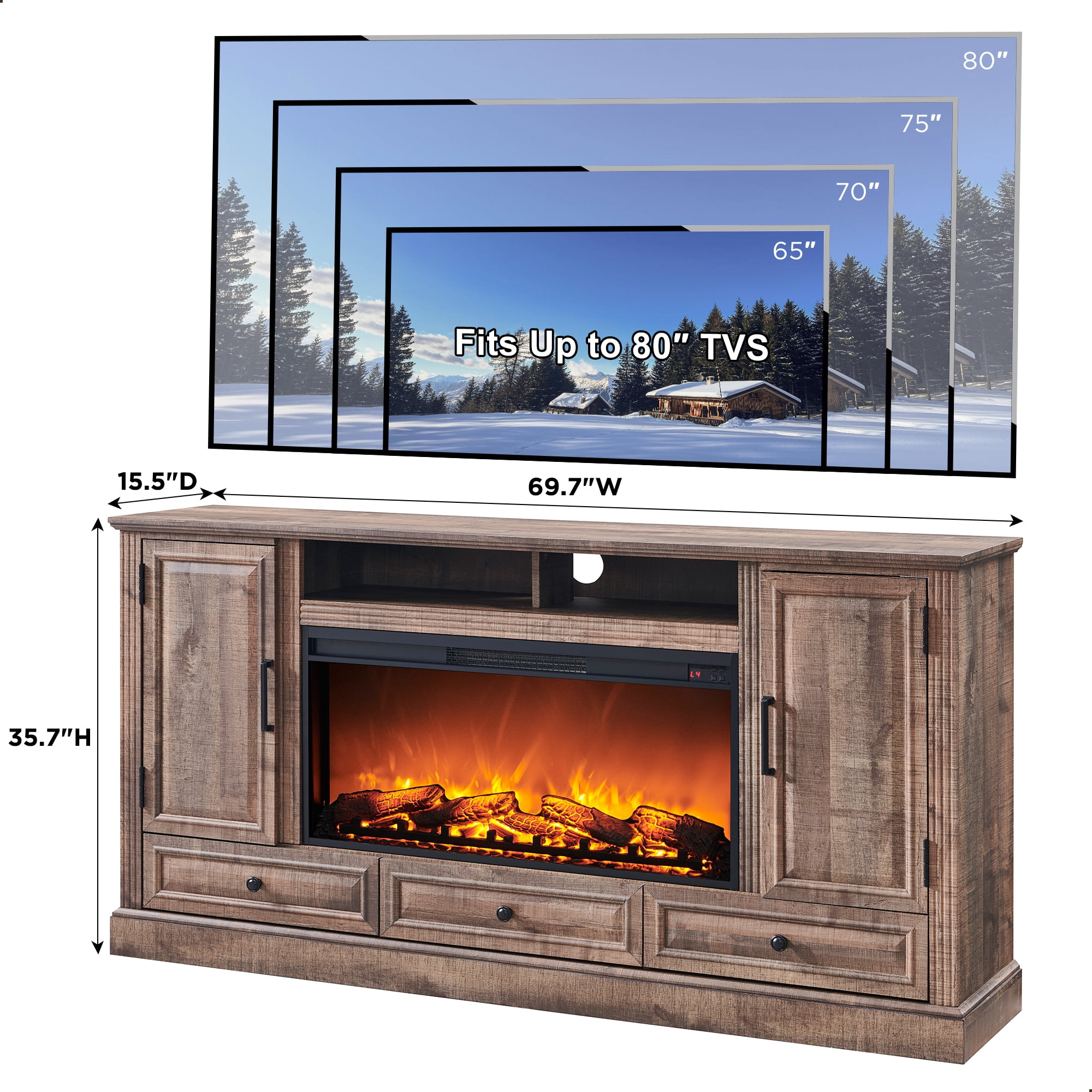 T4TREAM Farmhouse 70" Fireplace TV Stand for TVs up to 80", Entertainment Center W/36" Electric Fireplace Highboy Media Console with Large Storage Cabinets and Drawers for Living Room, Light Brown