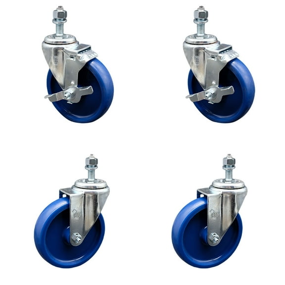 5 Inch SS Solid Polyurethane Swivel ½ Inch Threaded Stem Caster Set 2 Brakes SCC