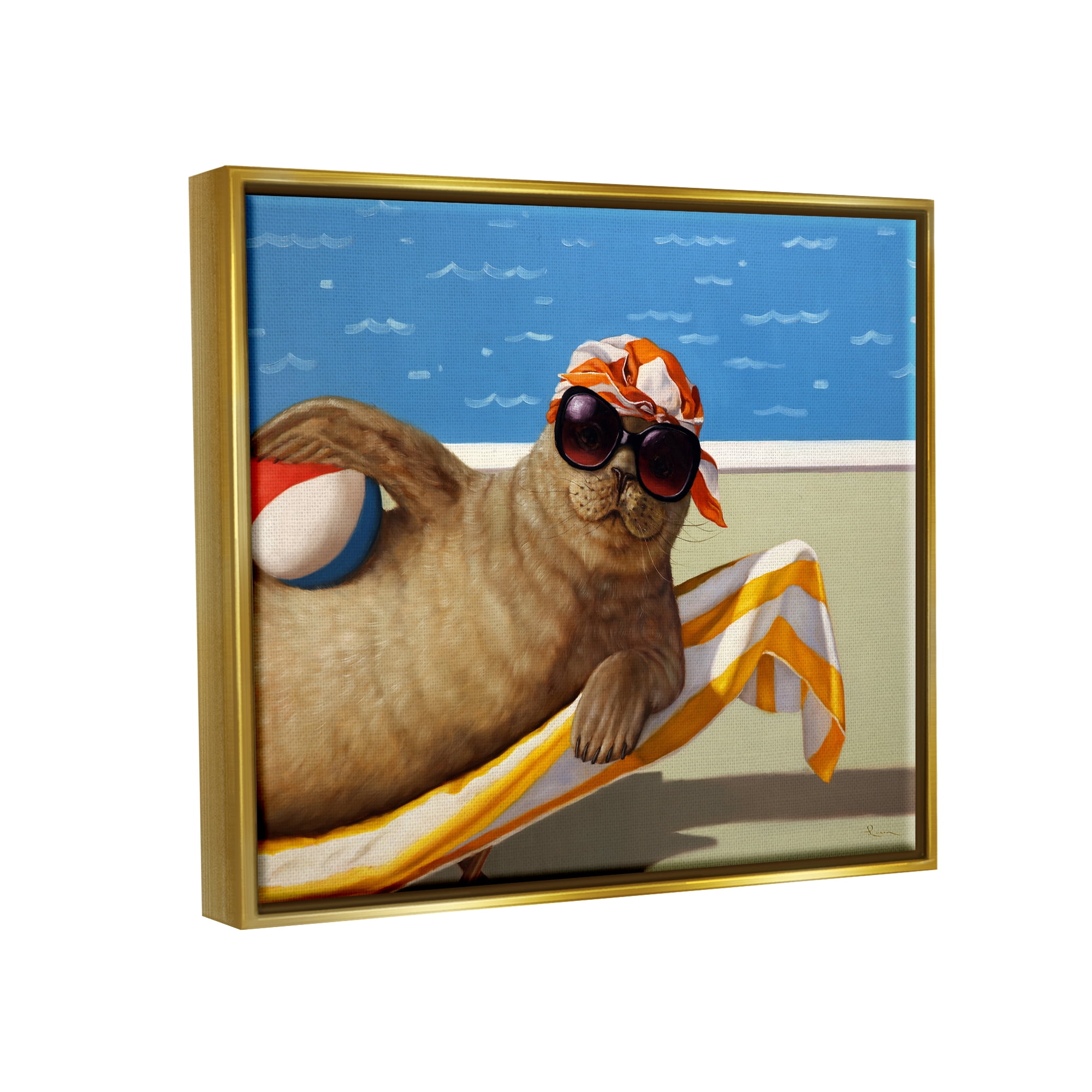 Stupell Industries Seal with Beachball Animals & Insects Painting Gold Floater Framed Art Print Wall Art, 31 x 25