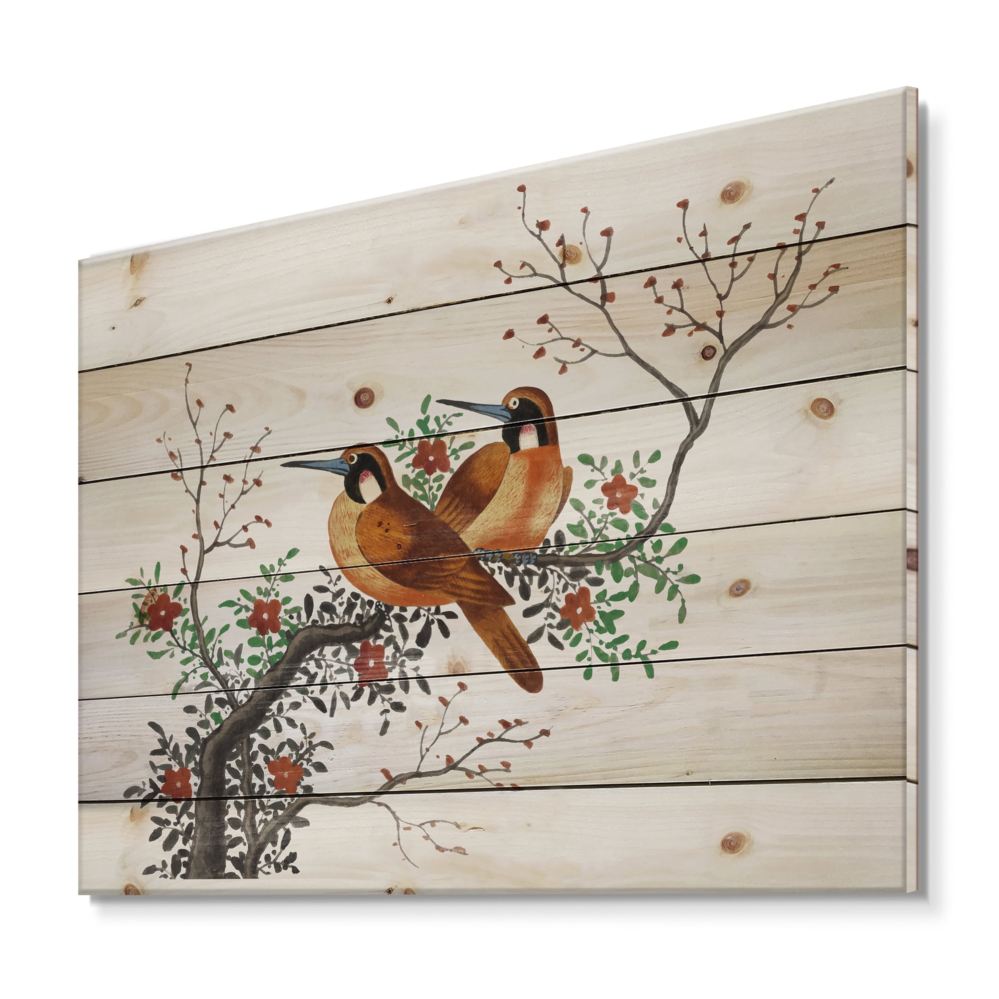 Designart 'A Flowering Tree Branch With Two Chinese Birds' Traditional Print on Natural Pine Wood