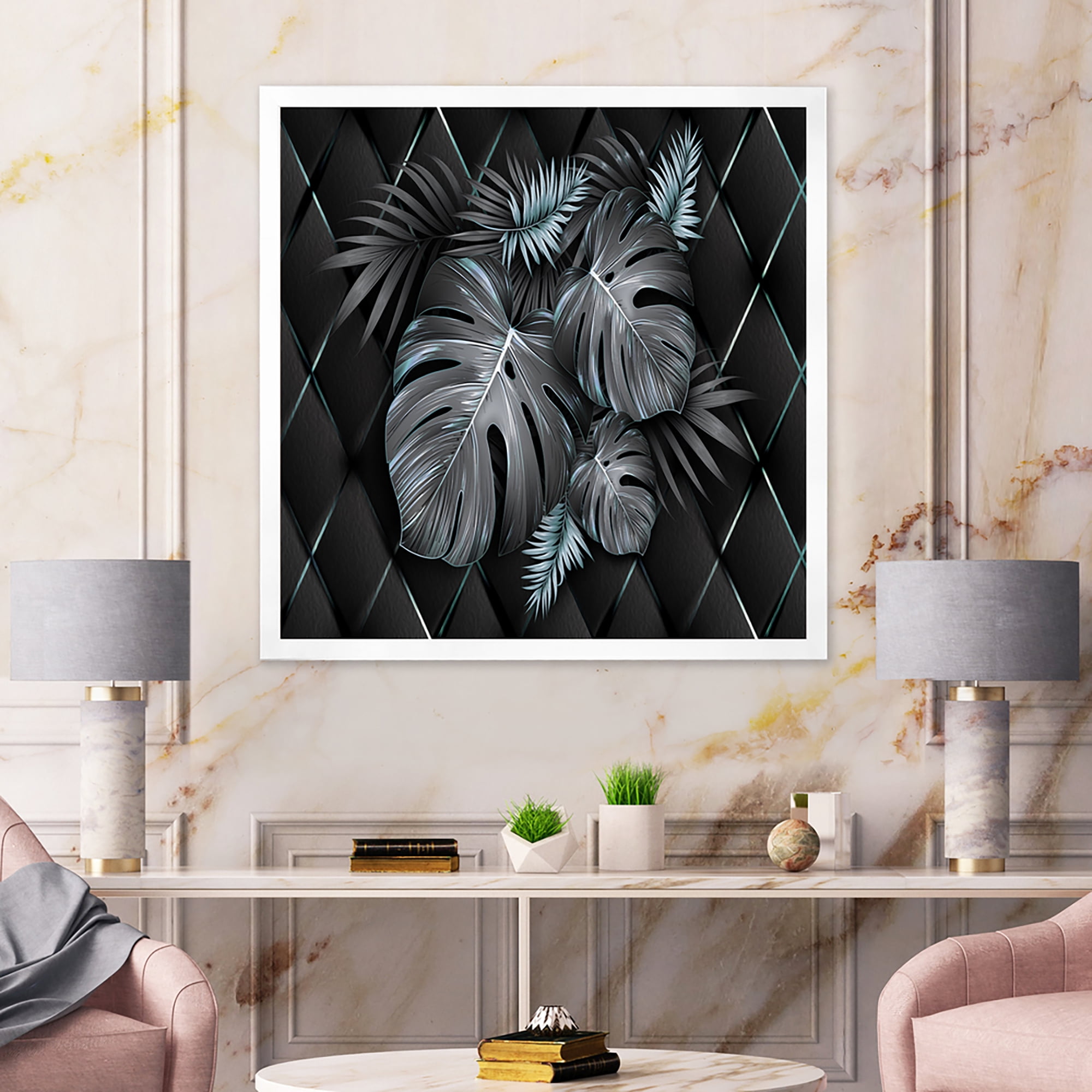 Designart 'Gold and Black Tropical Leaves I' Modern Framed Art Print