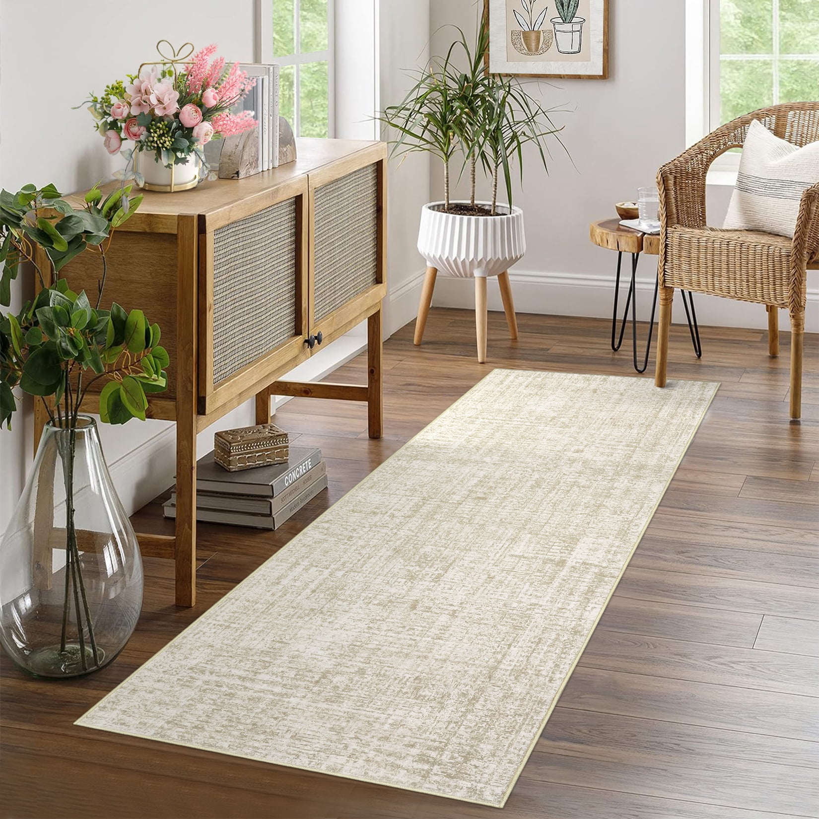 Garvee 2'x6' Solid Runner Rug Neutral Modern Abstract Area Rugs, Washable Rugs Low Pile Soft Carpet Non Slip Indoor Mat for Hallway Bedroom Kitchen, Beige Brown