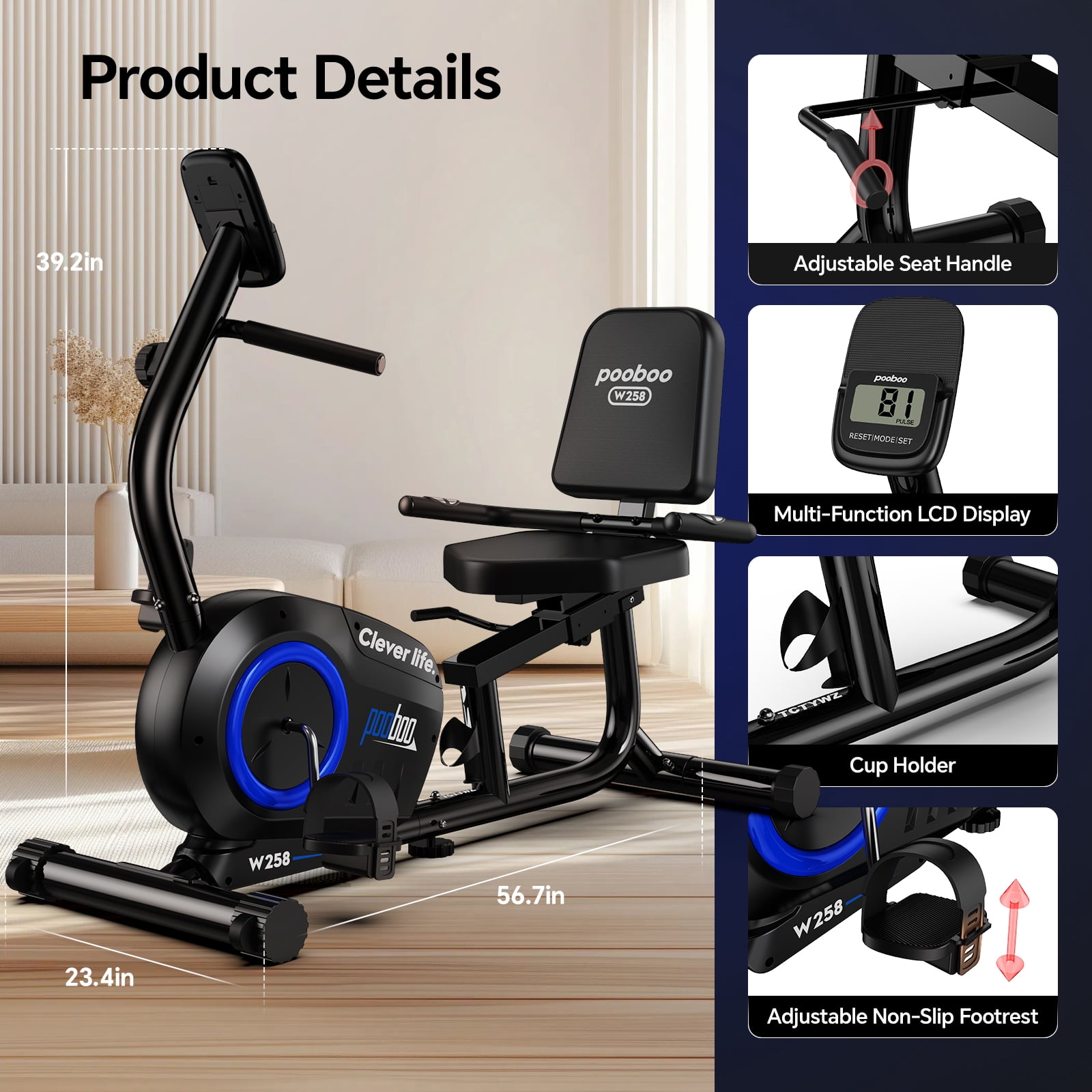 Pooboo Recumbent Exercise Bikes Sit Down Stationary Bicycle Magnetic Resistance Indoor Cycling Bike  380lbs Capacity