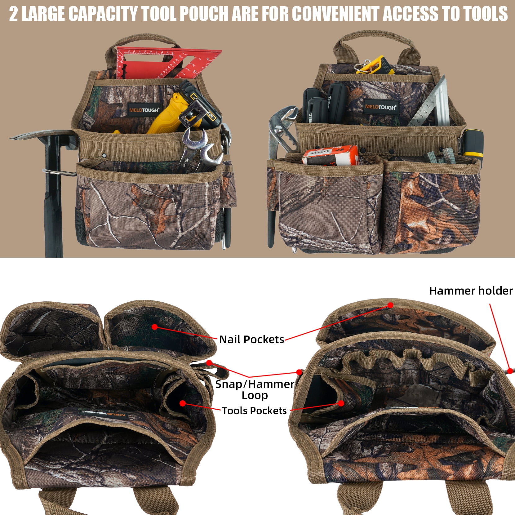 MELOTOUGH Camo Tool Belt with Suspenders Camouflage Tool Bag Supenders Framers Comb Apron Tool Belt Construction Tool Pouch Suspenders Heavy Duty Carpenter Suspension Rig for Electrician
