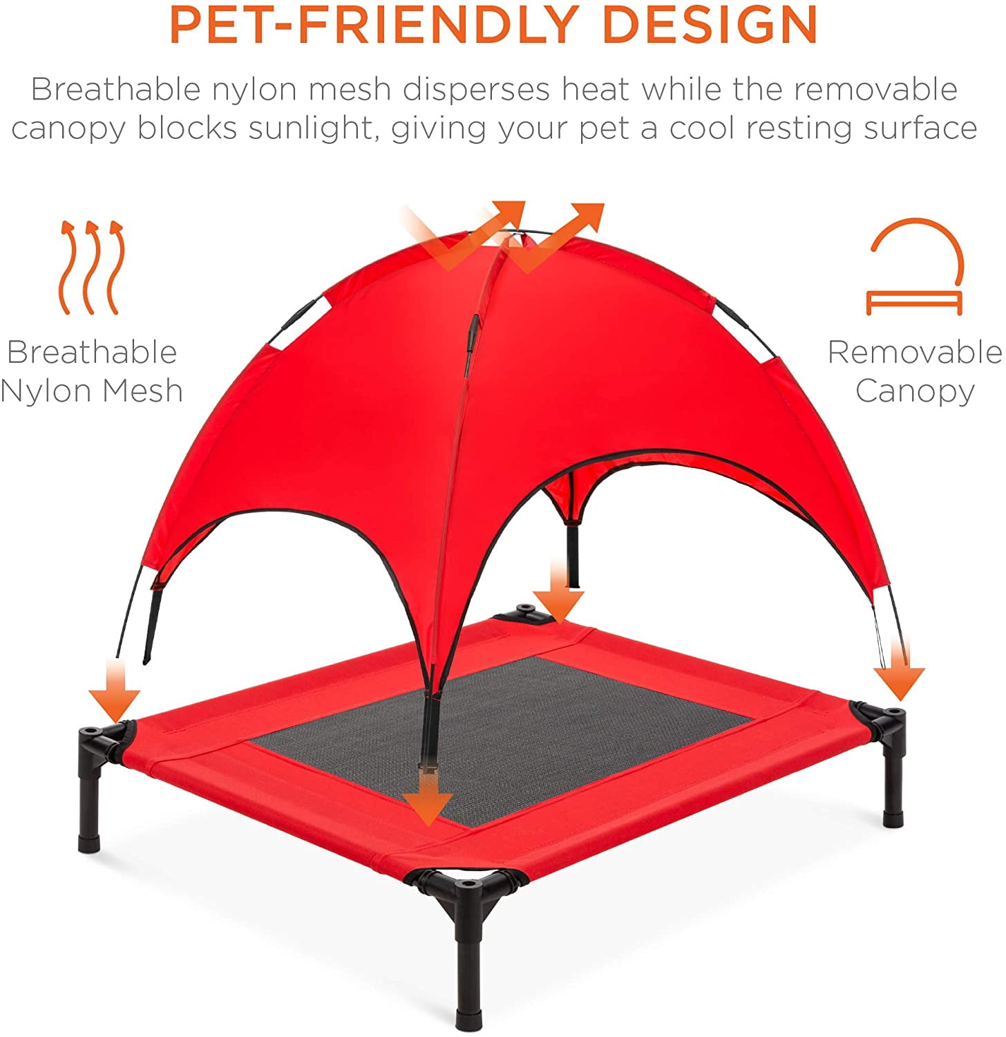 Themis 30in Elevated Cooling Dog Bed, Outdoor Raised Mesh Pet Cot w/Removable Canopy Shade Tent, Carrying Bag, Breathable Fabric - Red