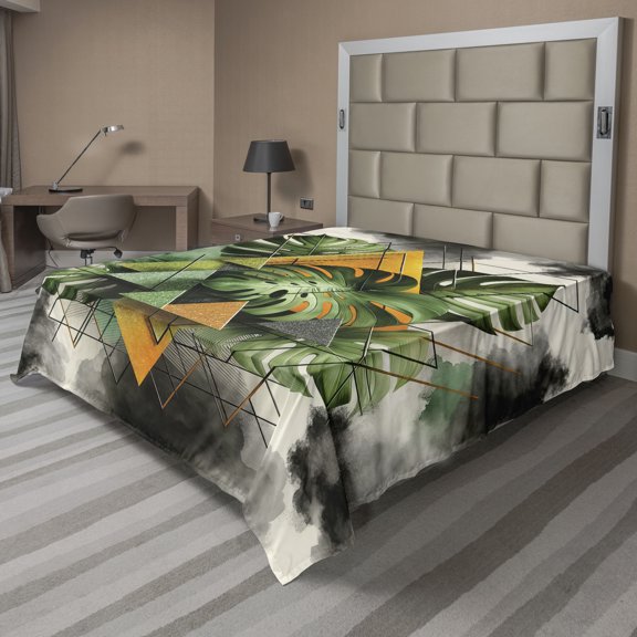 Ambesonne Monstera Flat Sheet, Leaves Triangles Mystery, Queen Size, Camel Grey and Fern Green