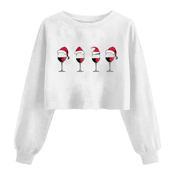 qelini Crewneck Sweatshirt Womens Christmas Red Wine Glass Print Pullover Long Sleeve Cropped Tops Dressy Holiday Blouses