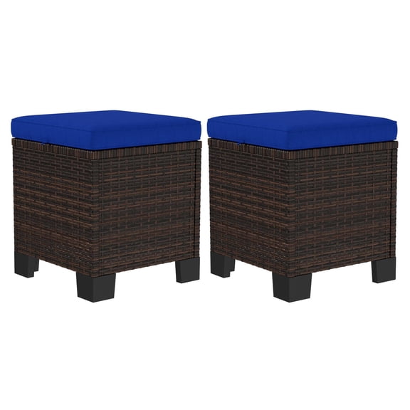 Wicker Outdoor Ottomans 2-Piece Set, Rattan Footrest with Cushions, Patio Side Table, Dark Blue