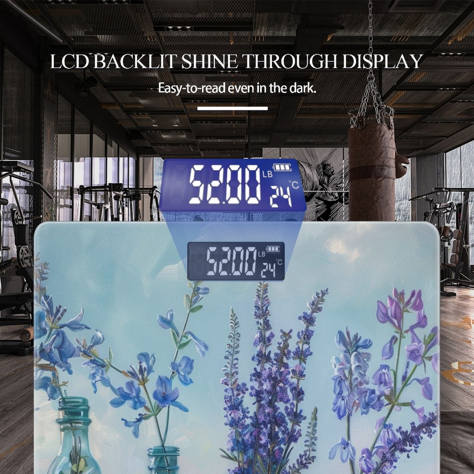 Bathroom Scale, Highly Accurate Digital Body Scale,Precisely Measures Weight up to 400 lbs-Lavender And Bluebells In Glass Vases On Shelf