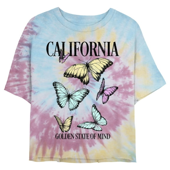 Juniors' Lost Gods California Butterflies Cropped T-Shirt Blue/Pink/Light Yellow X Large
