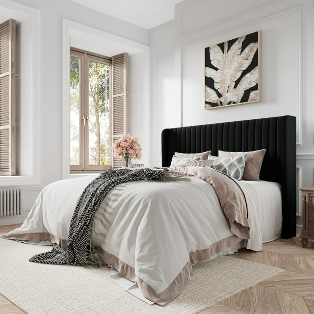 Amolife Lit Grand en Velours Rembourré avec Tête de Lit à Ailes, Noir