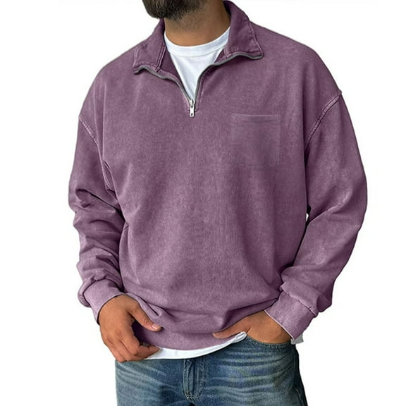 Domuza Acid Washed Sweatshirts for Men Retro Distressed 1/4 Zipper Casual Sweatshirts Fall Winter Fashion Loose Fit Pullover with Pocket Purple XL