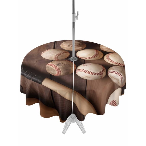 Outdoor Tablecloth with Umbrella Hole and Zipper, Baseball Round Table Cloth 54 Inch Waterproof Tablecloth, Farmhouse Retro Sport Theme Brown Wooden Grain Picnic Table Cover for Patio Camping