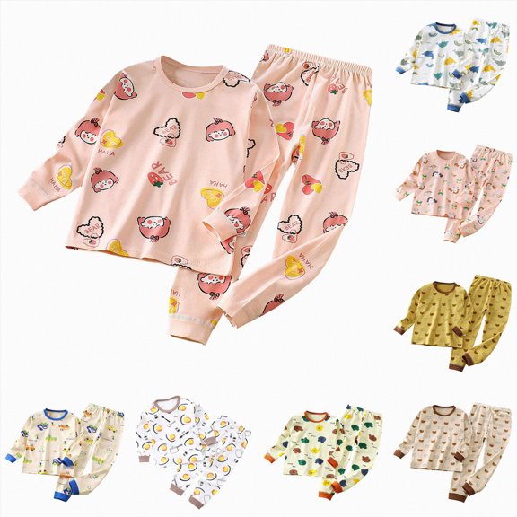 Nwiuh Girls Long Sleeve Pajama Set 1-11Y Toddler Girls Pajama Set Cute Soft Pajamas Kids Casual Long Sleeve Casual Loungewear Home Clothing Two Piece Set (Beige, 13-14 Years)