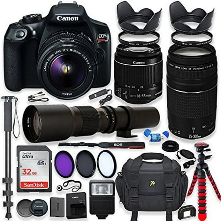 Professional Digital Movie Camera (canon eos rebel t6 dslr camera with 18-55mm is ii lens bundle + canon ef 75-300mm f/4-5.6 iii lens and 500mm preset lens + 32gb memory + filters + monopod)