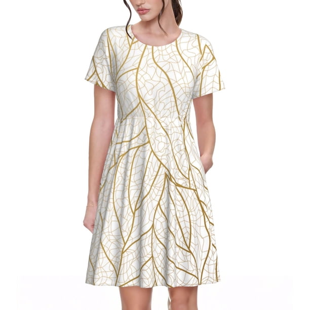 Easygdp Elegant Gold Leaf Pattern para Vestido Transpirable de Mujer, Vestido Suelto de Manga Corta con Pliegues y Bolsillos para el Verano