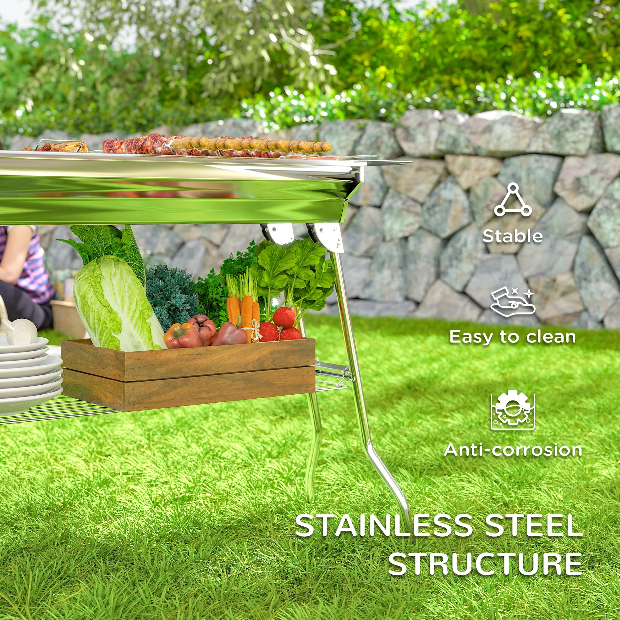 BBQ Grill Outsunny Charcoal Grill, Stainless Steel Portable Folding BBQ, Outdoor Hibachi for Backyard Cooking, Camping, Picnic, Party, Tailgating and Travel with Pan, Grill Rack, Shelves, and Hooks,
