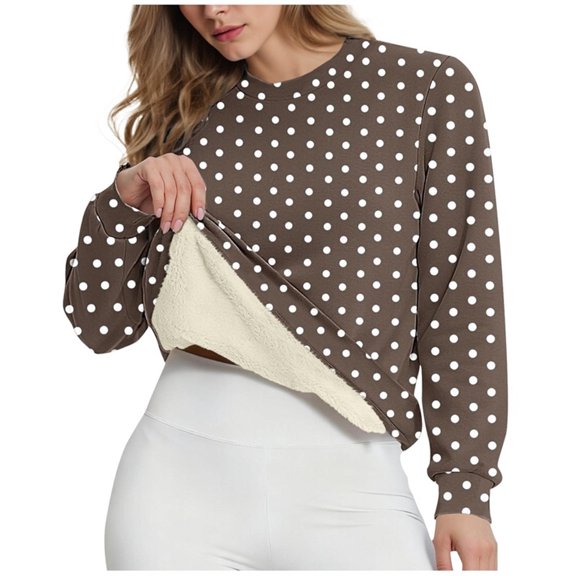 ZHYou Women's Sherpa Fleece Lined Sweatshirts Polka Dot Long Sleeve Crew Neck Casual Warm Cropped Tops,Coffee,2XL