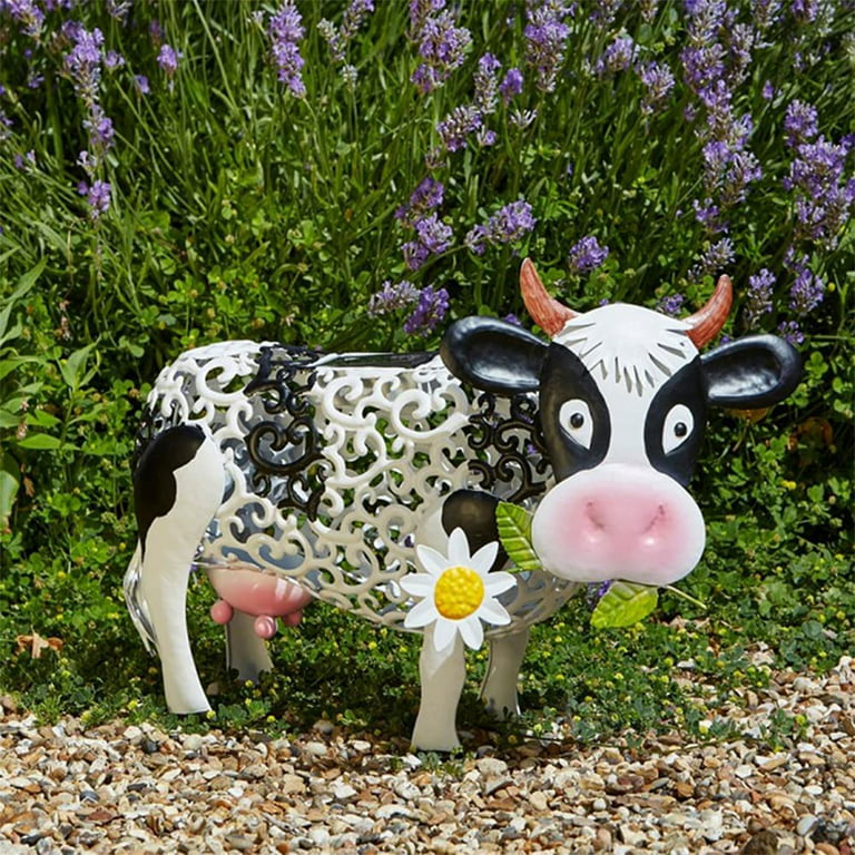 Daisy Cow Garden Statue with Solar Lamp Floral Hollow Out Dairy