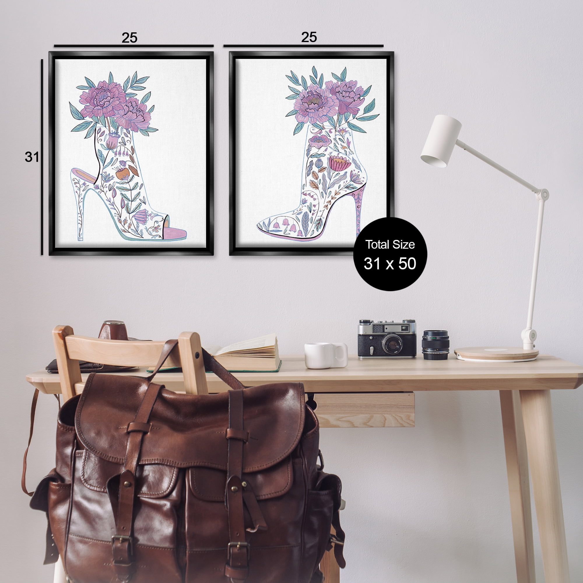Stupell Industries Floral Stiletto Heel Boots Fashion Painting Black Floater Framed Canvas Art Print Wall Art, 31 x 25, Set of 2
