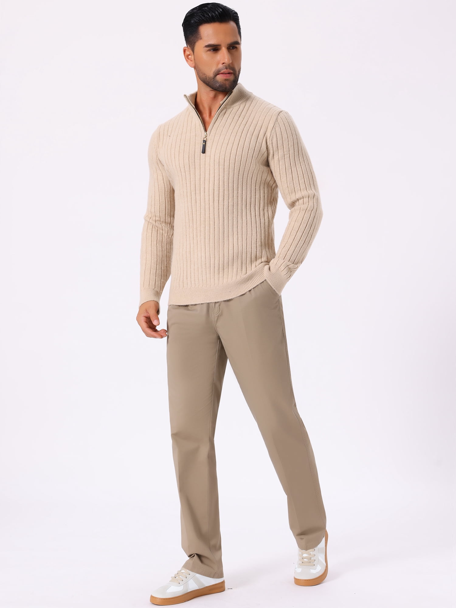 DARING DIVA Men's Casual Pullover Knitted Mock Neck Polo Sweater M Beige