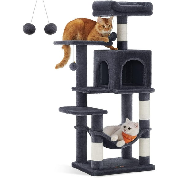 Feandrea Árbol para Gatos, Torre de Gatos, Altura 112 cm, 4 Postes, 2 Plataformas, 1 Cueva, 1 Hamaca, 2 Pompones, Gris Ahumado