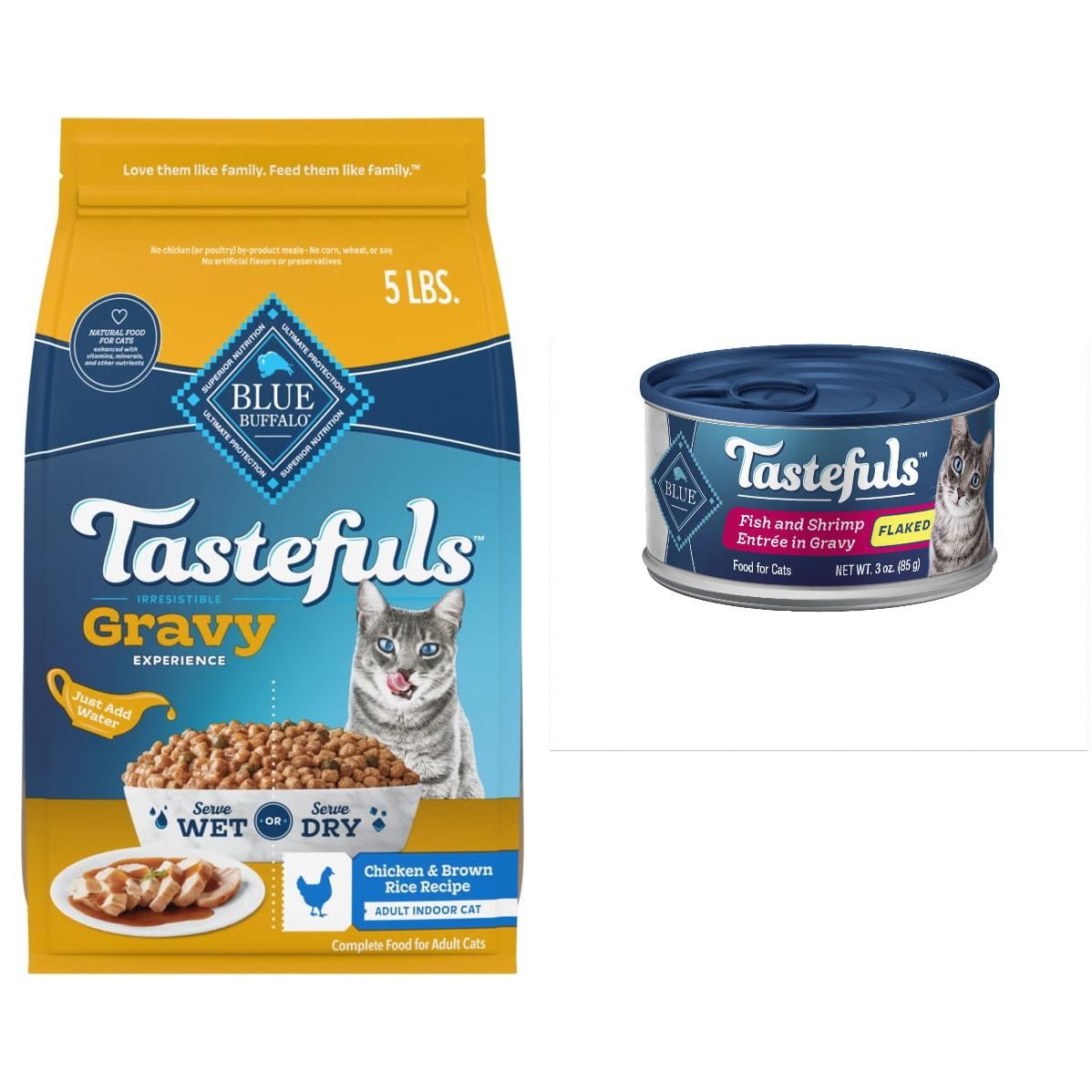 Bundle & Save: Blue Buffalo Tastefuls Irresistible Gravy Indoor Adult Dry Cat Food, Chicken, 5lb Bag and Tastefuls Natural Wet Cat Food Cans, Flaked Style, Fish and Shrimp Entrée in Gravy