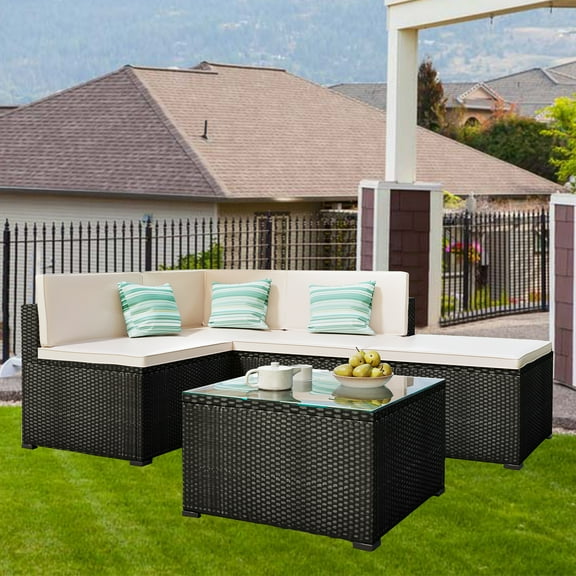 5-Piece Patio Sectional Sofa Furniture Set, Outdoor Backyard Corner Sofa Set for Poolside Deck, All Weather PE Rattan Conversation Set with 2 Single Sofas, Ottoman and Table, 250LBS, Beige, SS2004