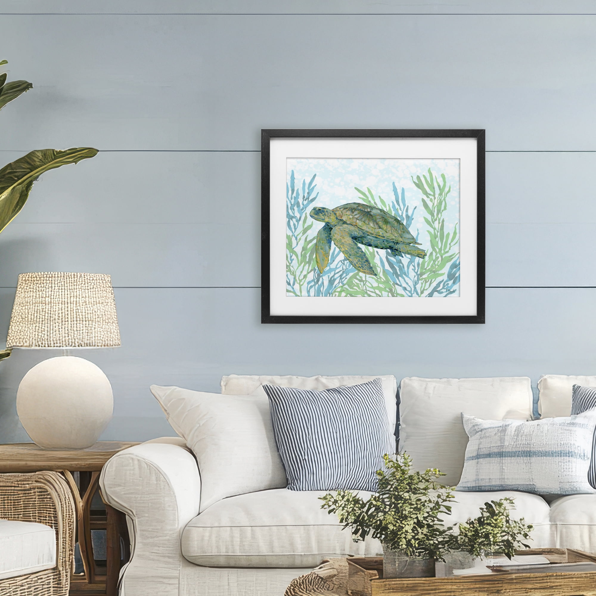 Stupell Industries Tasman Turtle in Seagrass Black Framed Print Under Glass, design by Paul Brent