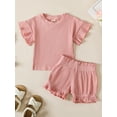 thumbnail image 3 of Musuos Toddler Girl Summer Outfit 3 6 12 18 24Months 3Years Ribbed Crew Neck Short Sleeve T-Shirts and Elastic Shorts 2Pcs Set, 3 of 10