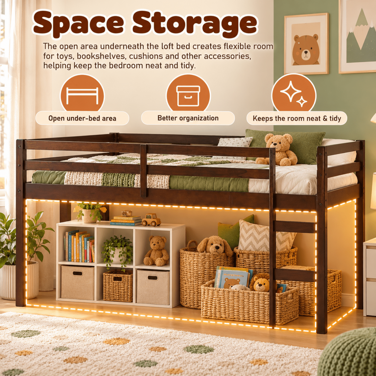 Miniyam Full Loft Bed for Kids, Solid Wood Frame with Ladder and Guardrails, Space-Saving Design, Espresso
