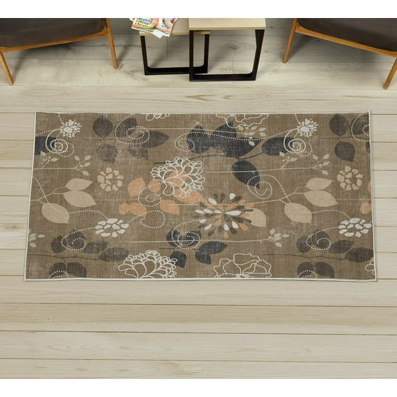 Floral Decorative Rug, Cartoon Style Arrangement of Fresh Spring Foliage with Abstract Dotted Line Stalks, Quality Carpet for Bedroom Dorm and Living Room, 6 Sizes, Sepia, by Ambesonne