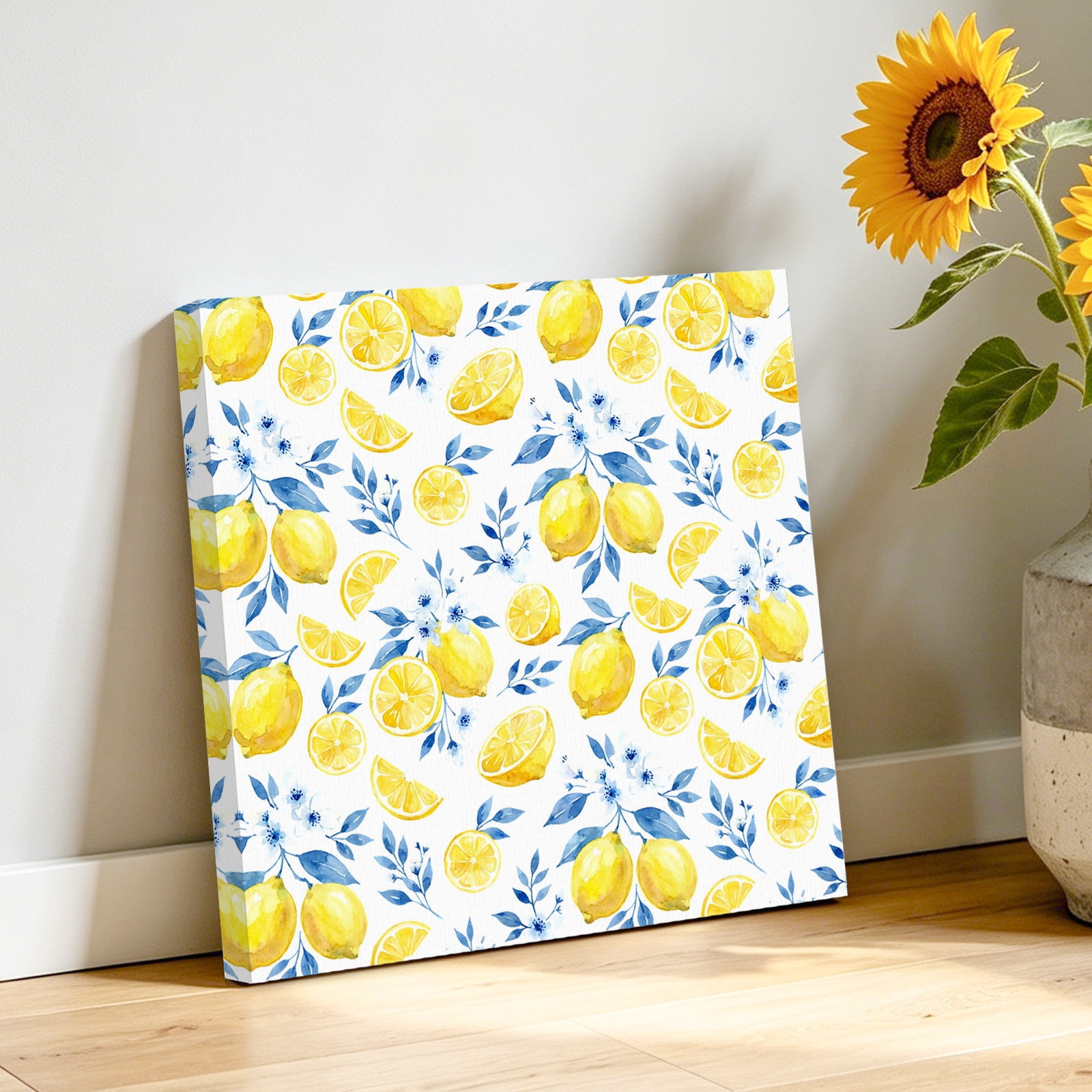 Summer Fruit Canvas Wall Art for Living Room, Watercolor Lemon Cute Frangipani Blue Leaf Farmhouse Poster Print Painting for Bedroom Office Home Decoration Wall Pictures Prepare To Hang 16"x16"