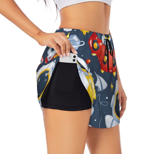 Balery Astronaut And Space Pantalones cortos deportivos para mujer con forro y dos bolsillos, elásticos, para entrenamiento, gimnasio, yoga-Small