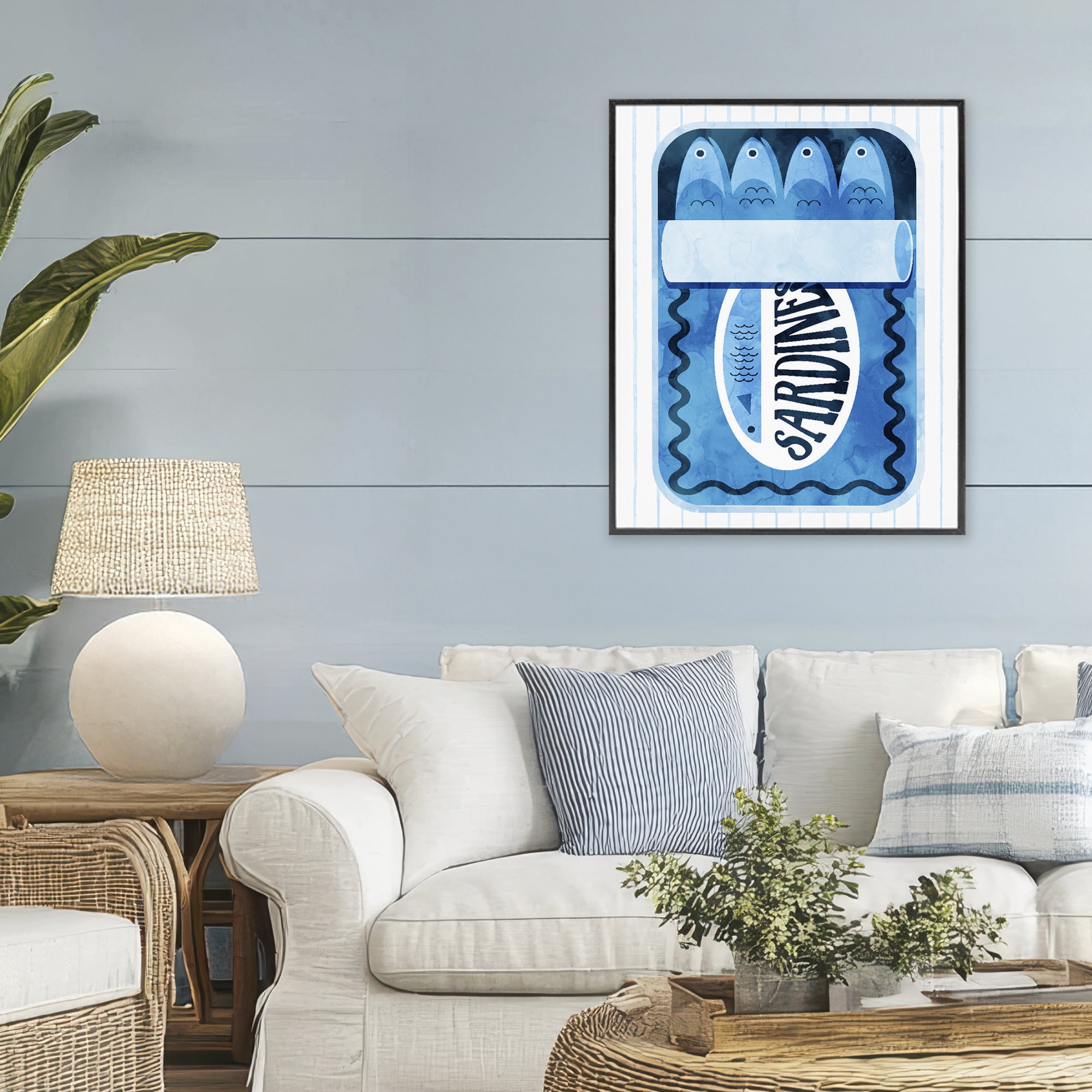 Blue Sardine Tin Over Stripes Black Framed Giclee Art, design by Daphne Polselli