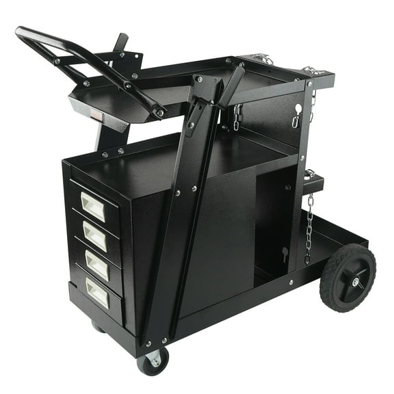 SKYSHALO Welding Cart, 2-Tier 4 Drawers Welder Cart with 265 LBS Weight Capacity, 360° Swivel Wheels, Heavy Duty Rolling MIG Welder Cart for Mig Welder and Plasma Cutter, Tank Storage Safety Chains