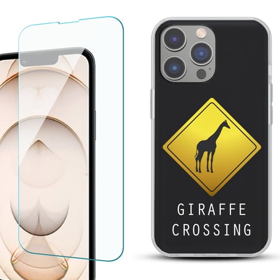OneToughShield ® for iPhone 15 Pro Max Shockproof Fashion Phone Case, with Tempered Glass Screen Protector - Road Sign Giraffe