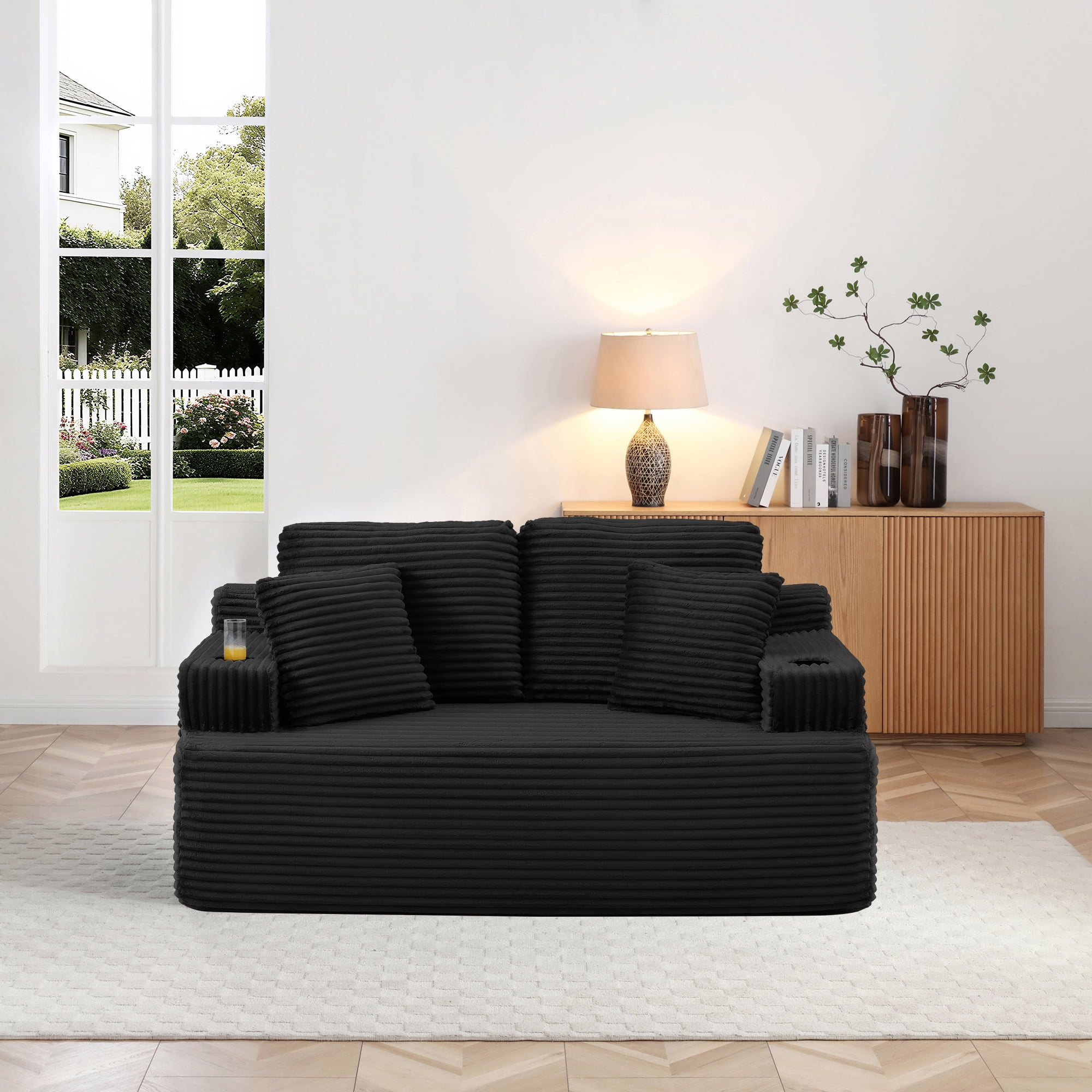 Boneless Loveseat, 2-Seater Floor Couch with Cup Holders and Side Pockets, Corduroy Fabric No Assembly Sofa for Small Space or Apartment, 66.5 Inch, Black