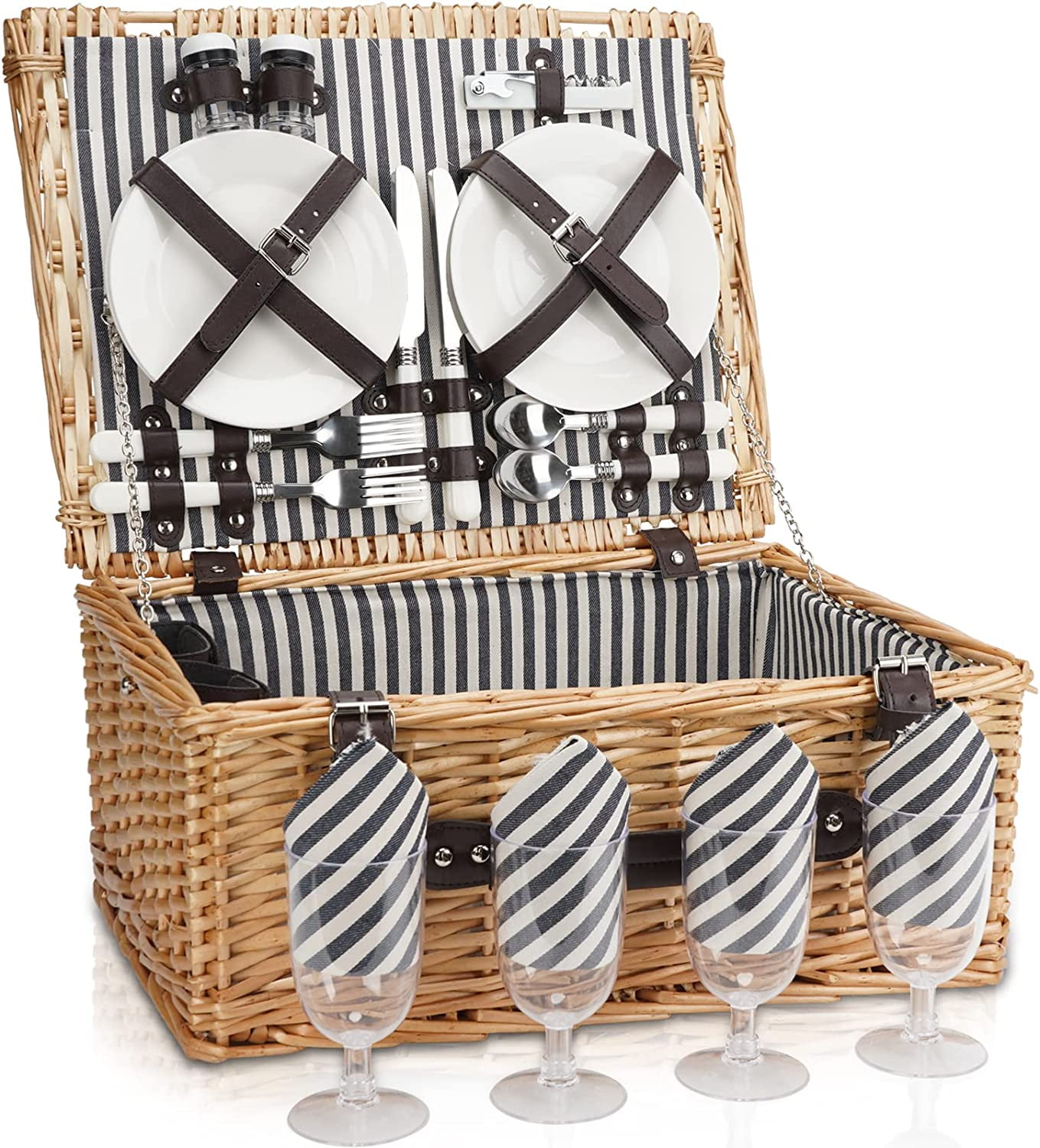 Picnic Basket 4 Person, Large Willow Hamper Basket Set with Bottle