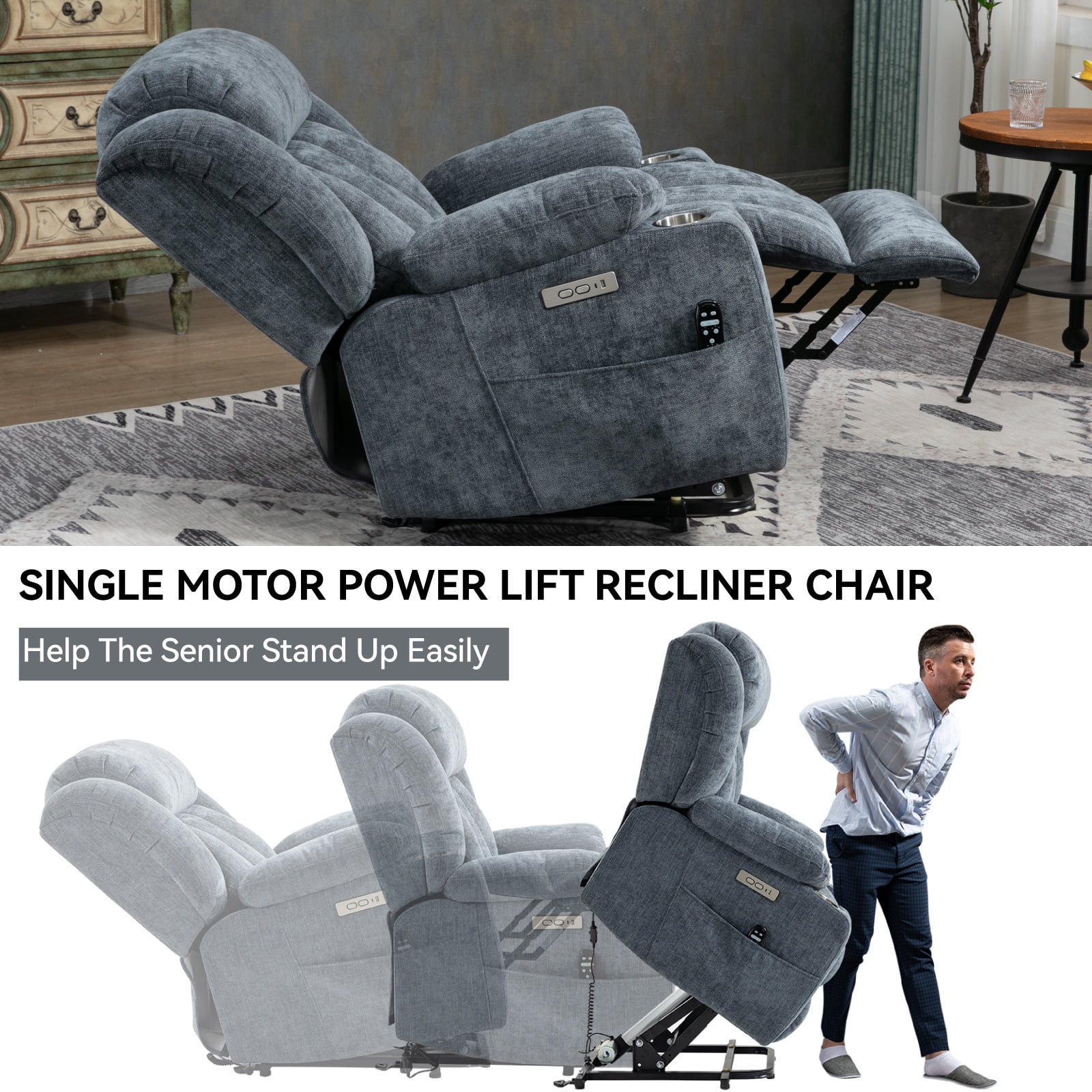 Power Lift Recliner Chair for Elderly with Massage & Heat, Heavy Duty 350 lbs Capacity,Electric Reclining Chair with USB Ports, Cup Holders, Pillow Top Arms, Medium-Firm Blue Chenille
