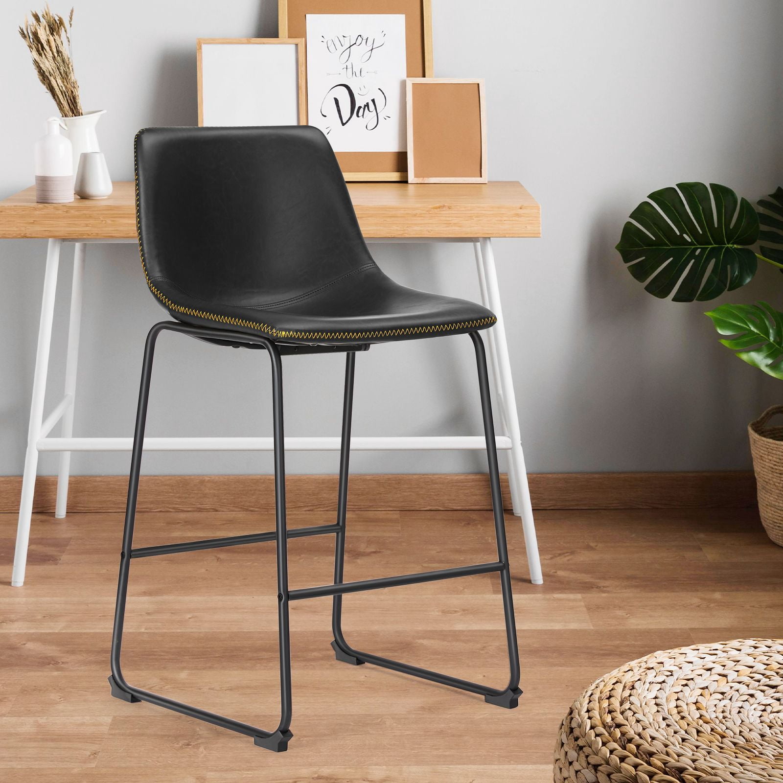 JOINSUN Set of 2 Modern Counter Stool, 30 inch Counter Height Bar Stools With Metal Legs, Footrest, Black
