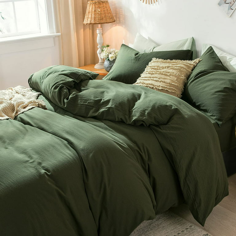 MooMee Bedding Duvet Cover Set 100% Washed Cotton Linen Like Textured Breathable Durable Soft Comfy Olive Green Queen