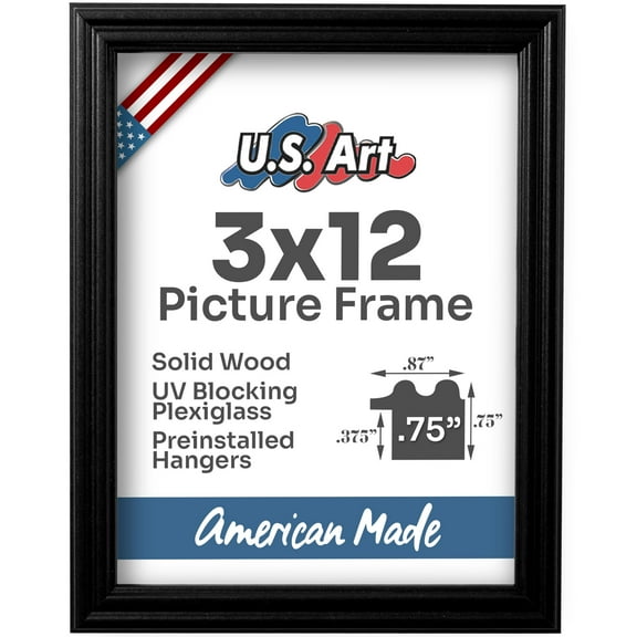 US Art Frames Black 3x12 Picture Frame .75" Wide - Preinstalled Hangers and UV Blocking Plexiglass, 100% USA Made