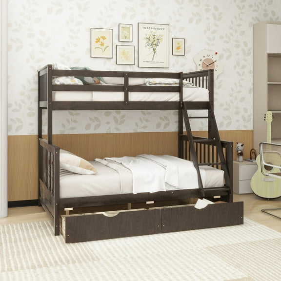 Twin-Over-Full Bunk Bed with Ladders and Two Storage Drawers(Espresso)